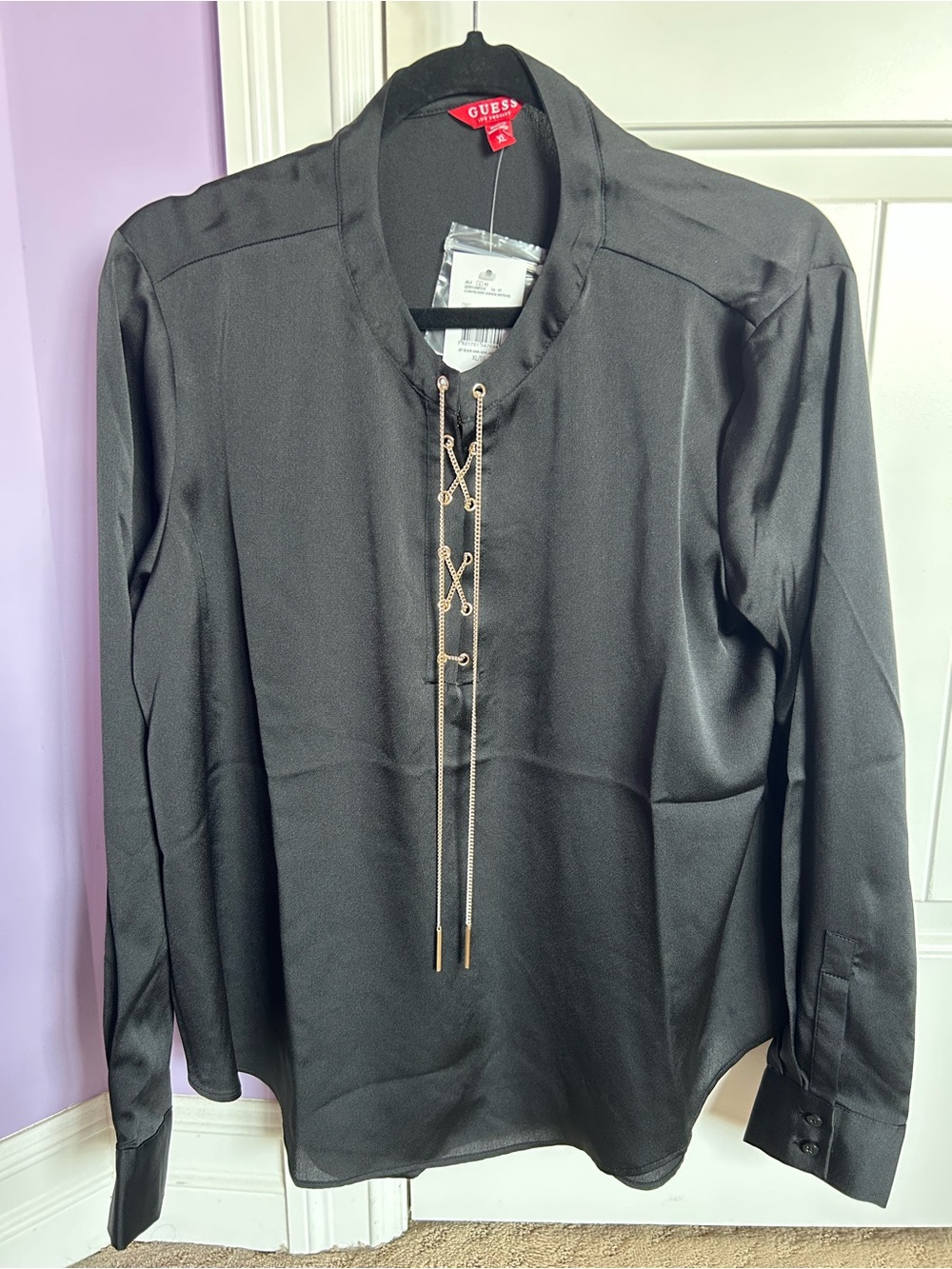 GUESS Jet Black Long Sleeve Satin Blouse